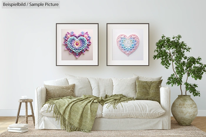 Modern living room with a white sofa, green blankets, and two framed heart artworks on the wall.