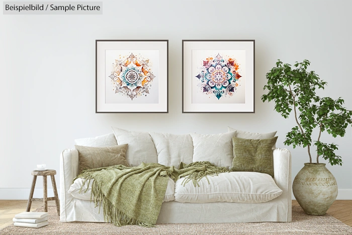 Living room with white sofa, green pillows, decorative paintings, and a potted plant.