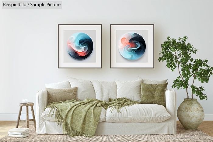 Modern living room with abstract art, beige sofa, green pillows and blanket, large potted plant, and wooden floor.