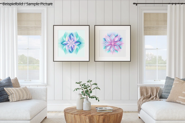 Minimalist living room with two abstract floral artworks on paneled wall, beige sofas, wood table, and large windows.