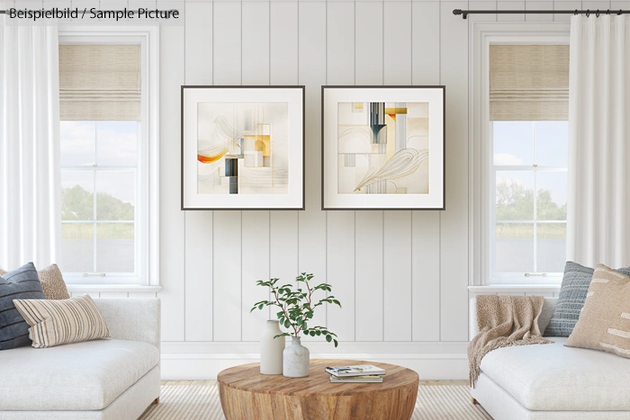 Modern living room with abstract art on white paneled wall, minimal furniture, and a central wooden coffee table.