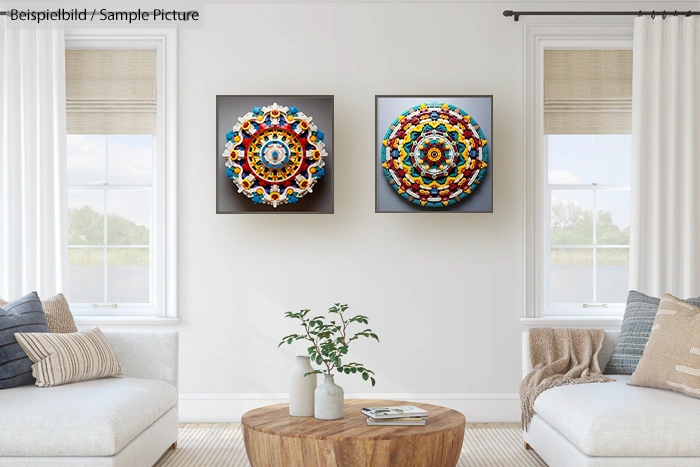 Modern living room with two vibrant mandala artworks on wall, beige sofa, pillows, wooden table with plant.