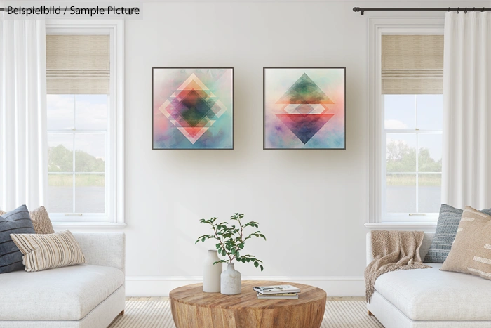 Modern living room with abstract art, light sofas, and wooden coffee table.