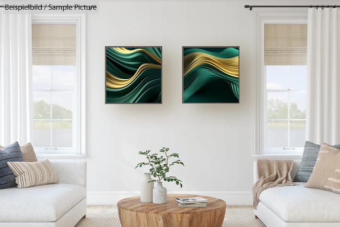 Modern living room with two abstract paintings, green and gold swirls, white walls, and neutral furniture.