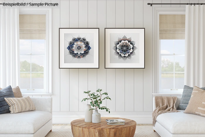 Modern living room with white walls, two geometric art pieces, wooden table with plant, and beige sofas with cushions.