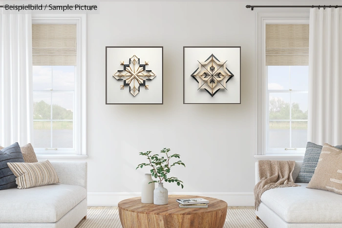 Minimalist living room with two abstract geometric artworks on the wall and a wooden coffee table between white sofas.