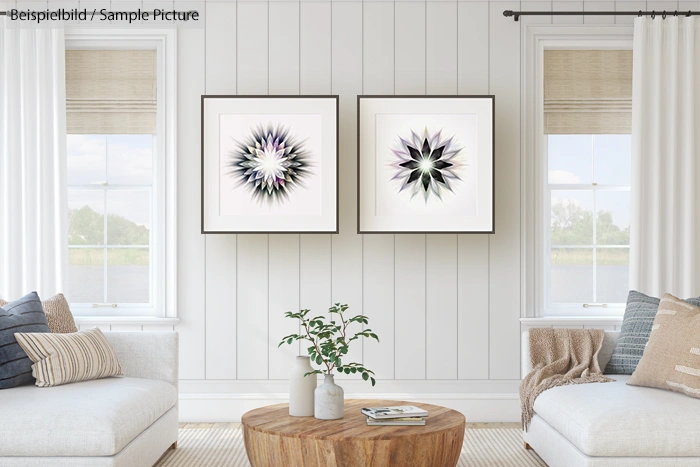 Minimalist living room with two abstract starburst artworks, white walls, and cozy seating.