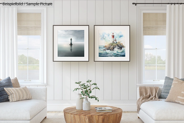 Cozy living room with white walls, two paintings of lighthouses, and a wooden coffee table.