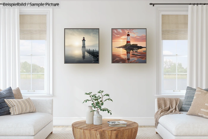 Minimalist living room with two lighthouse paintings, a wooden coffee table, and white sofa with pillows.