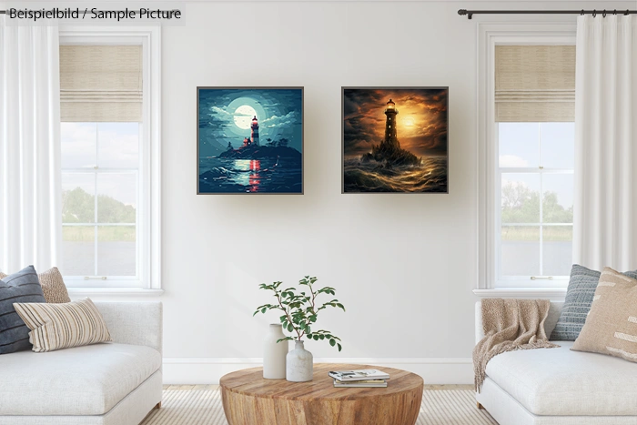 Modern living room with nautical theme art, featuring two paintings of lighthouses with dramatic skies on white walls.