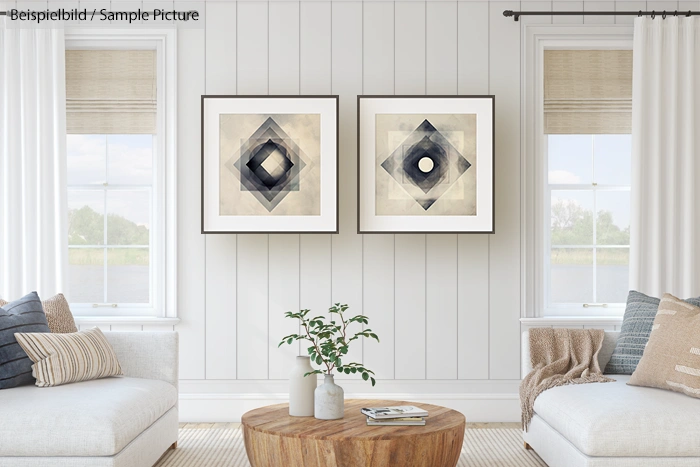 Modern living room with abstract geometric art on wall, neutral decor, and large windows for natural light.