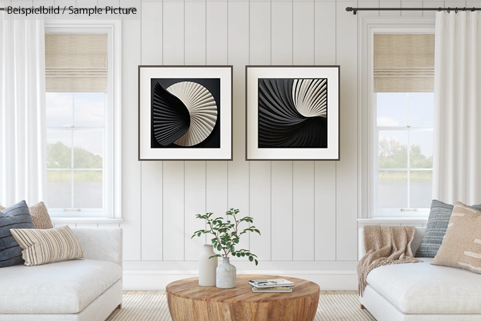 Modern living room with abstract art and a plant on a wooden coffee table.