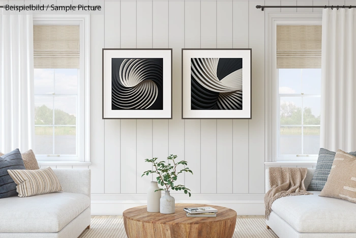 Minimalist living room with abstract swirl art, neutral tones, beige sofas, and a wooden coffee table with a plant.