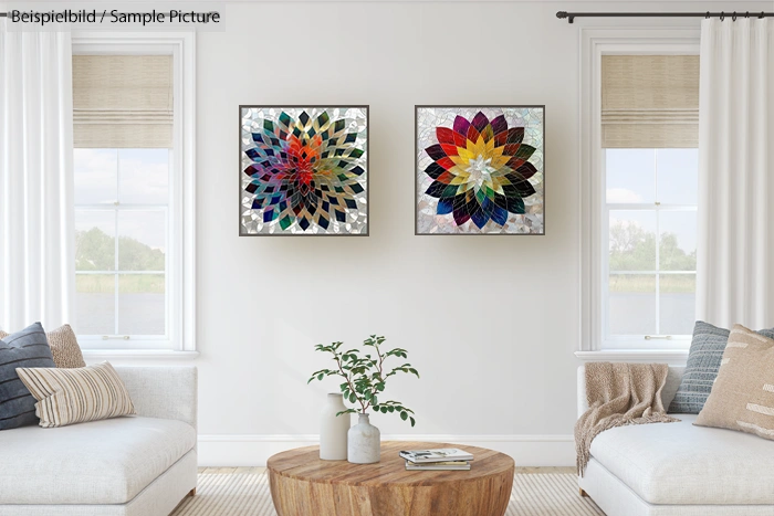 Modern living room with two floral abstract paintings, white couches, and a wooden coffee table with plant.