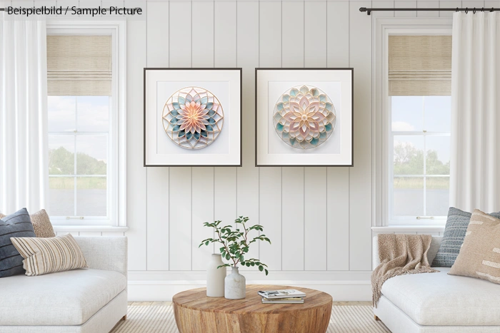 Modern living room with white walls, two framed geometric artworks, white sofas, plants, and a wooden coffee table.