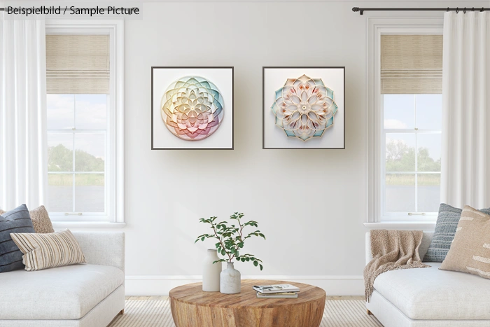 Modern living room with two framed floral artworks, a wooden coffee table, potted plant, and neutral-toned furniture.