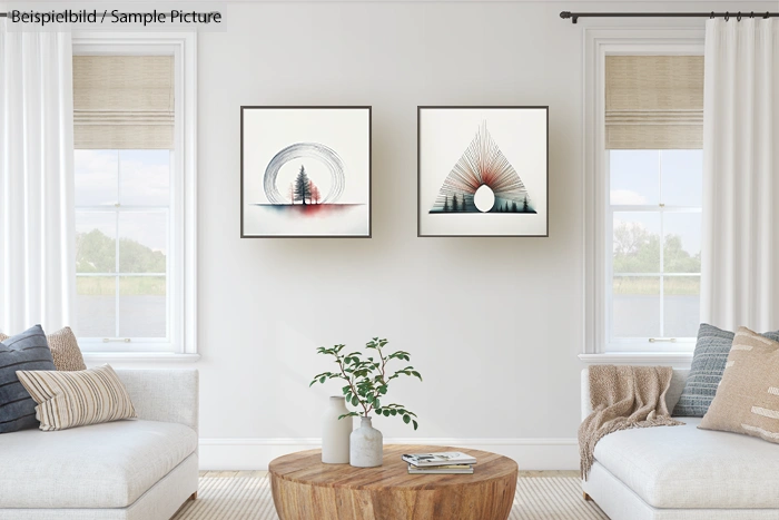 Modern living room with two abstract tree paintings on white wall, cozy sofas, and a central wooden coffee table with plant.