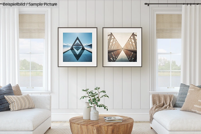 Modern living room with white walls, two framed geometric art pieces, beige sofas, and a wooden coffee table.