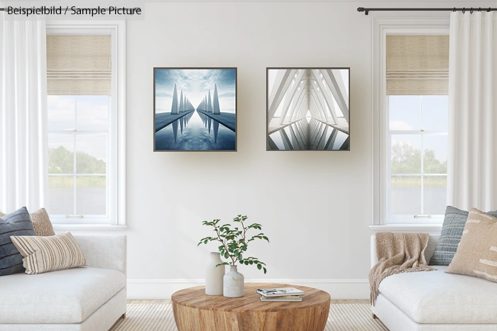 Minimalist living room with abstract artwork, white sofas, wooden coffee table, and large windows.