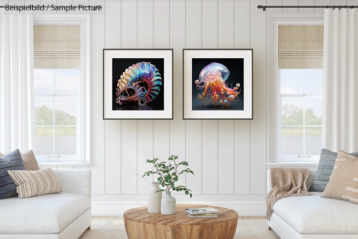 Modern living room with two framed ocean-themed artworks on a white paneled wall, featuring a shell and a jellyfish.