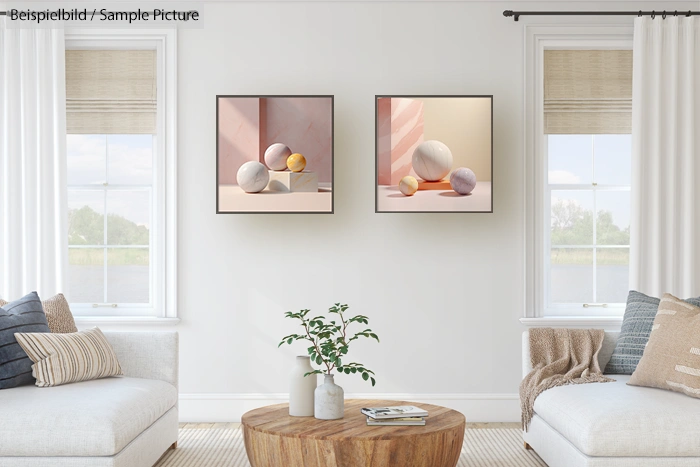 Minimalist living room with light decor and two modern art pieces featuring geometric shapes on the wall.