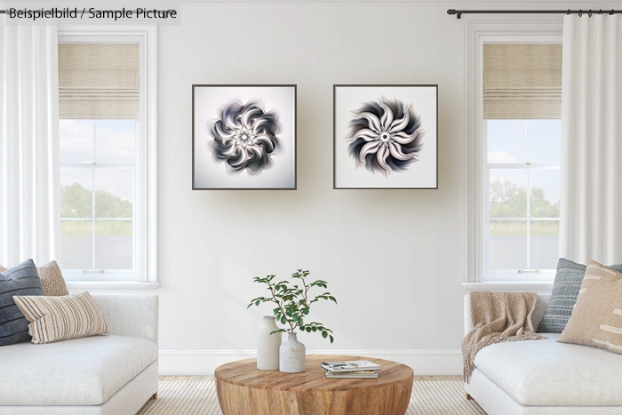 Modern living room with two abstract artworks on wall, neutral-toned decor, and potted plant on wooden coffee table.