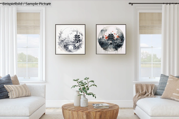 Calm living room with two watercolor paintings of pagodas on the wall, featuring natural light and neutral decor.