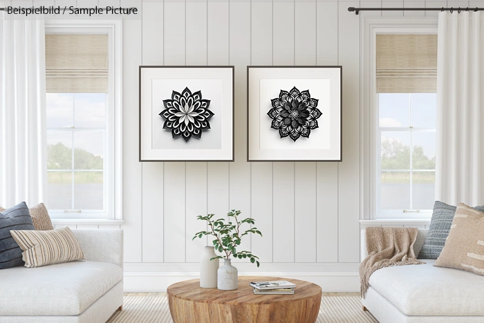 Neutral living room with two black mandala art pieces on white shiplap wall, gray sofa, and natural wood accents.