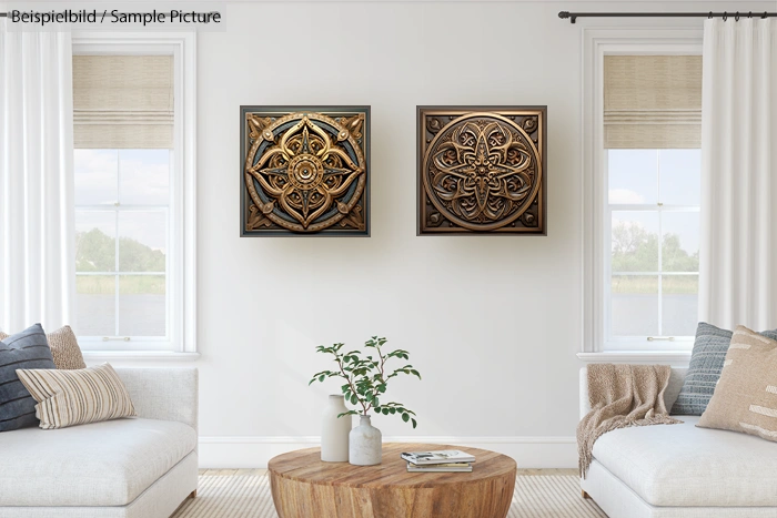 Modern living room with two ornate metal wall sculptures, white sofas, and a wooden coffee table.