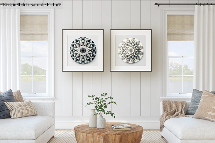 Modern living room with two abstract mandala artworks, white walls, and beige sofa.