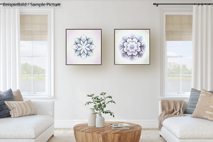 Minimalist living room with two floral paintings, neutral sofas, wooden coffee table, and large windows with natural light.