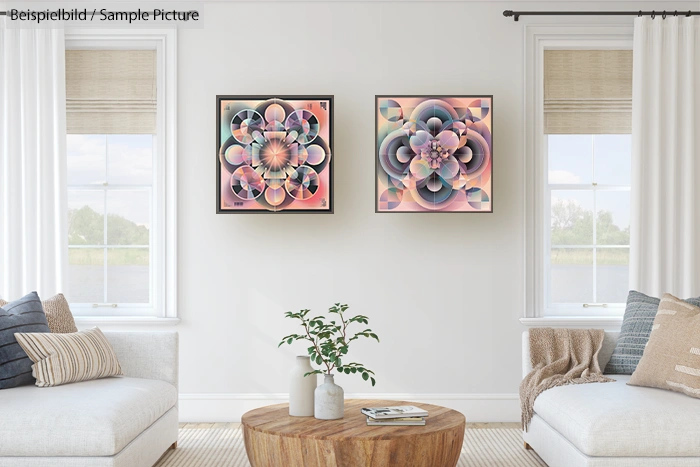 Modern living room with two colorful geometric art pieces on the wall, a round table, and a potted plant.