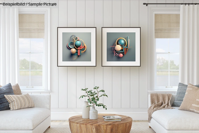 Modern living room with abstract art on white paneled wall, cozy sofas, and a wooden coffee table with plant.