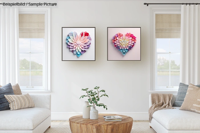 Contemporary living room with heart-shaped flower wall art and modern furniture.