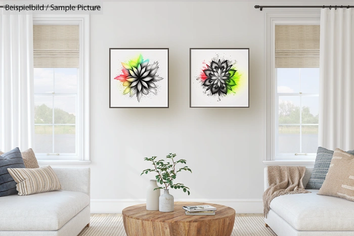 Modern living room with two abstract flower paintings and neutral-toned furniture.