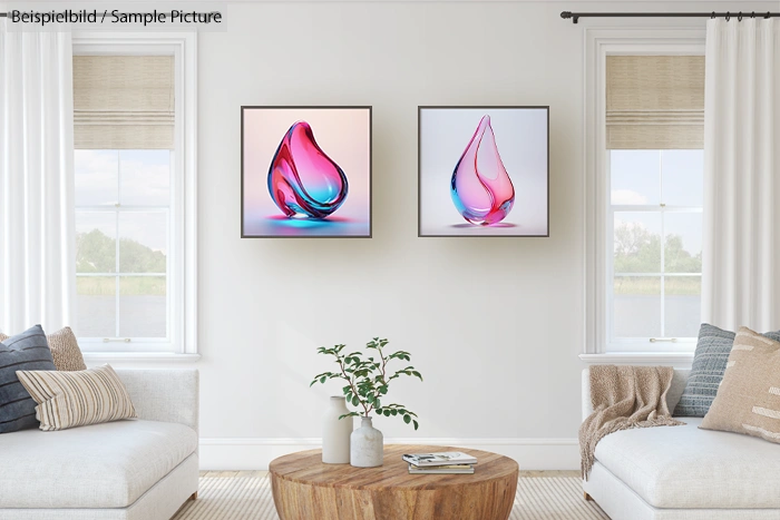 Living room interior with modern abstract art, two windows, plants, and neutral-toned furniture.