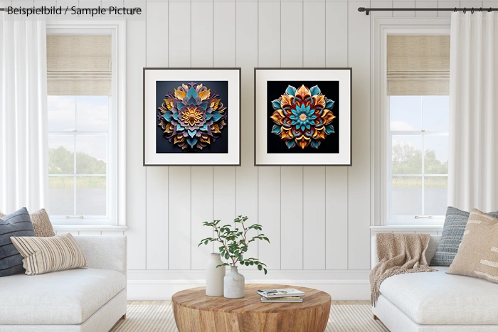 Living room with two mandala artworks, neutral decor, and a potted plant on a wooden coffee table.