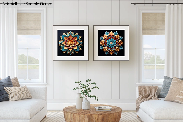 Cozy living room with framed mandala artwork on white paneled wall, beige sofa, and wooden coffee table with plant.