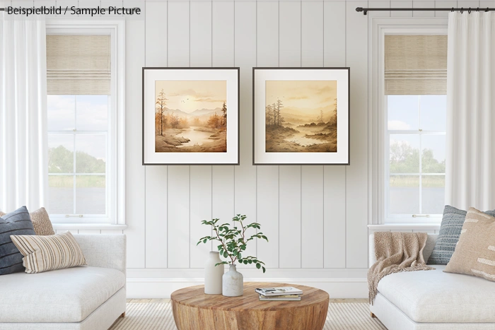 Modern living room with two landscape paintings, white walls, a wooden coffee table, and neutral-toned furniture.