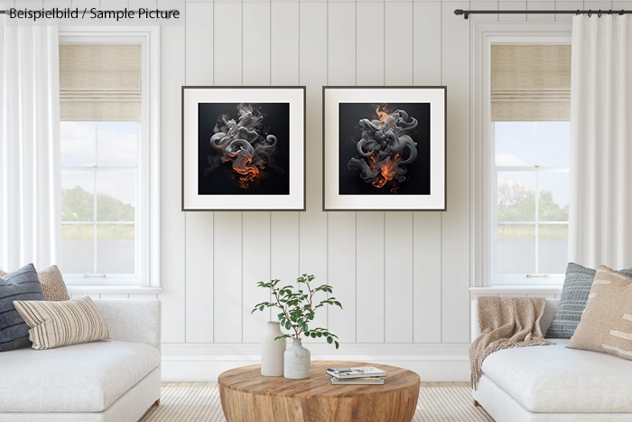 Contemporary living room with two abstract smoke artworks in black frames, white couch, and wooden coffee table.