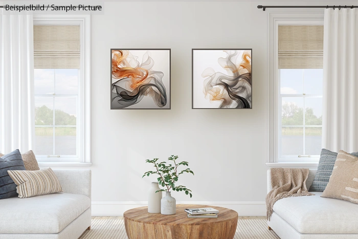 Minimalist living room with abstract art, two sofas, wooden coffee table, and large windows with natural light.