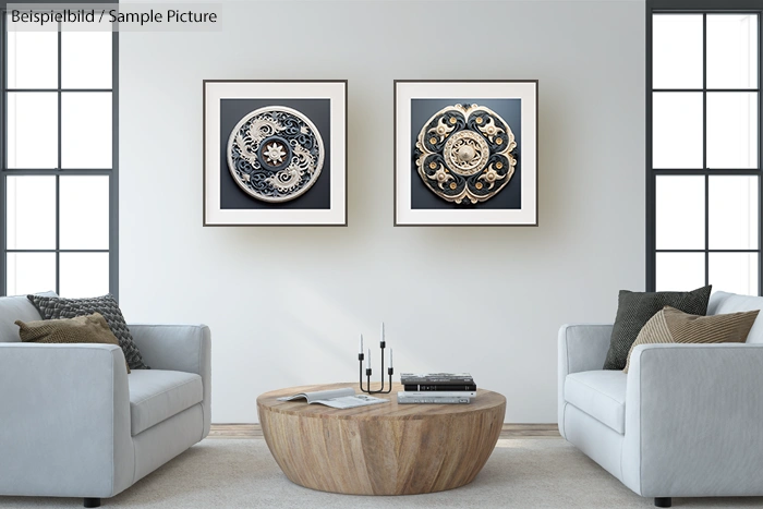 Modern living room with two white sofas, a round wooden coffee table, and framed art on the wall between tall windows.