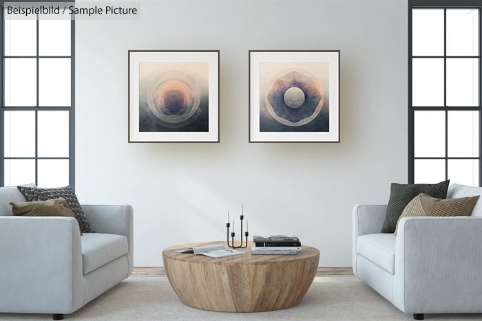 Modern living room with two abstract paintings, two sofas, a round wooden coffee table, and three-panel windows.