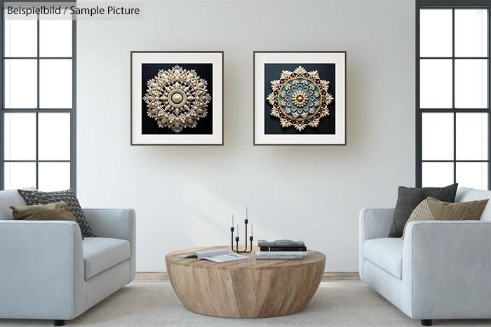 Modern living room with two sofas, round coffee table, and decorative wall art featuring intricate mandala designs.