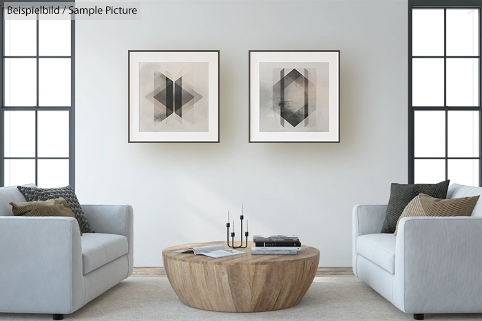 Modern living room with two abstract paintings, grey sofas, and a round wooden coffee table.