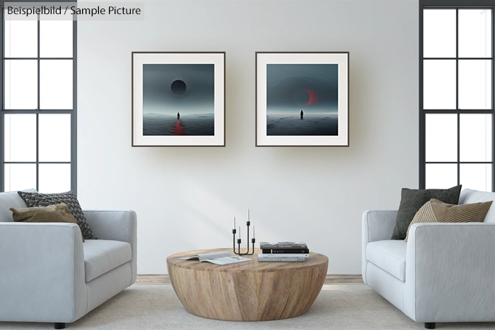 Modern living room with two abstract paintings of moons on foggy landscapes, two white sofas, and a round wooden table.