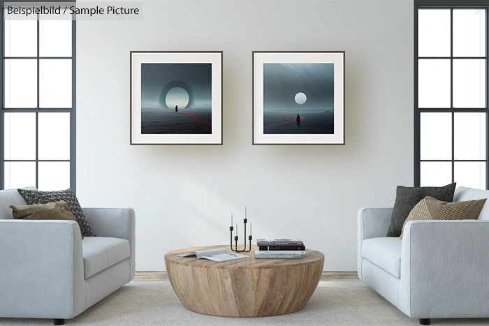 Living room with two gray sofas, round wooden table, and surreal landscape art on the wall.