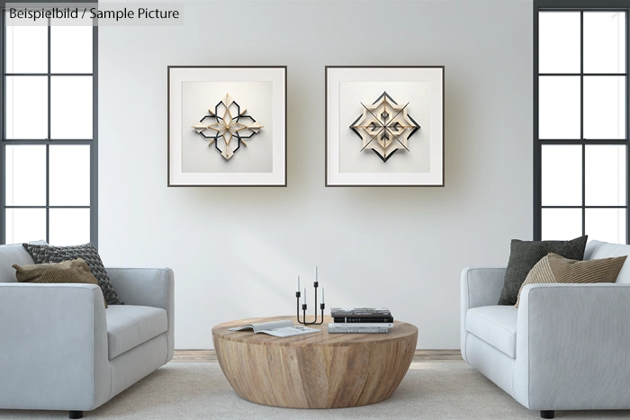 Modern living room with minimalist decor, two geometric art pieces on wall, sofas, and round wooden coffee table.