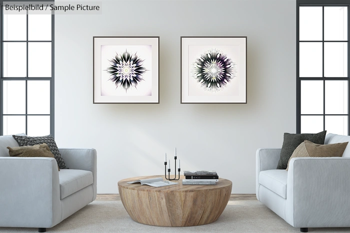 Modern living room with two abstract flower paintings, light gray sofas, and a round wooden coffee table.