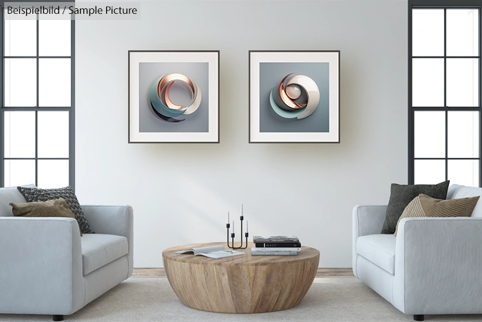 Modern living room with gray sofas, wood coffee table, and abstract circular art on walls.